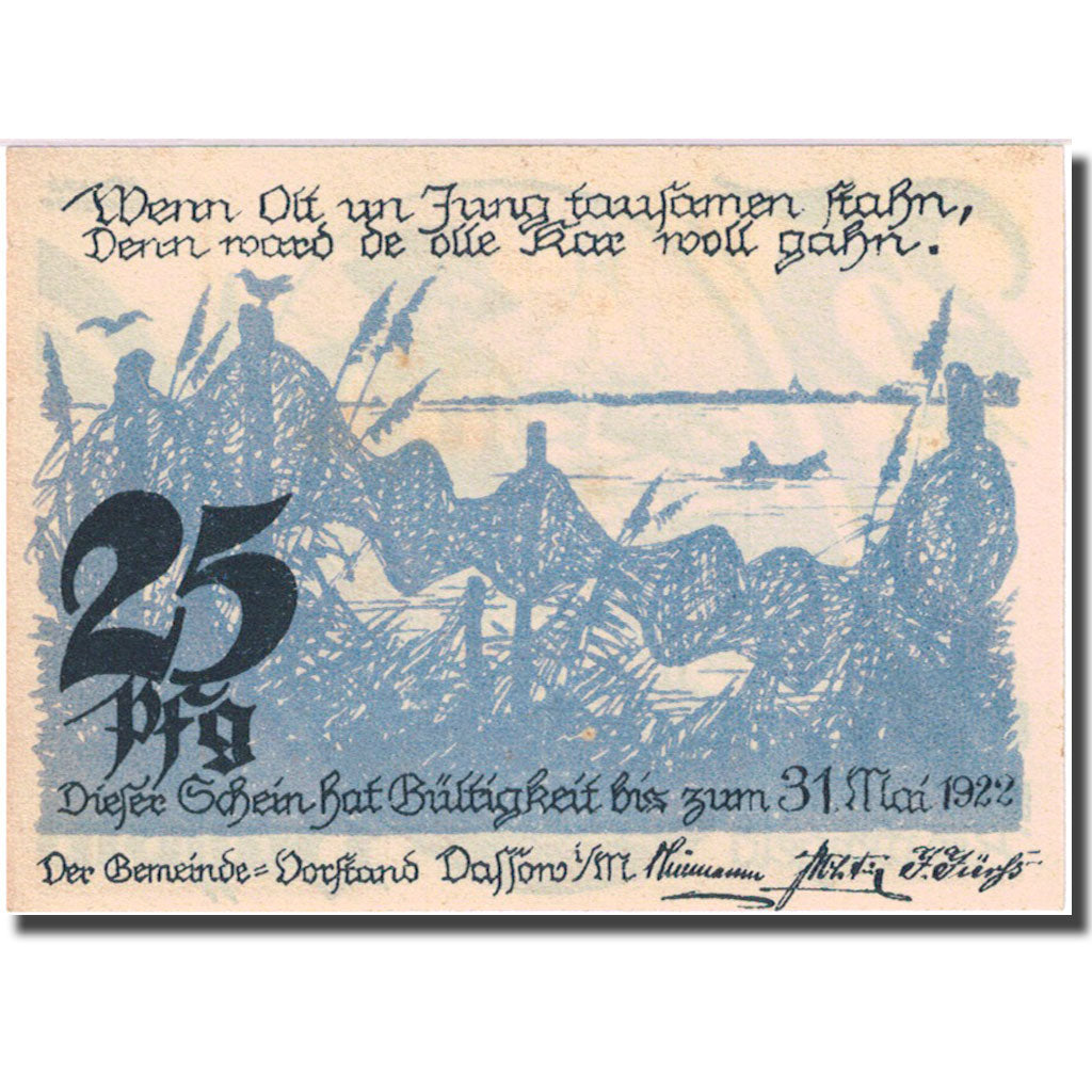 Banknote, Germany, Dassow, 25 Pfennig, pêcheur, 1922 UNC(63) Mehl 260.1