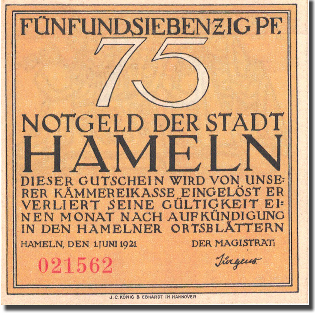Banconote Germania Hameln 75 Pfennig, personnage 1, 1921 yellow SPL Mehl 566.1a