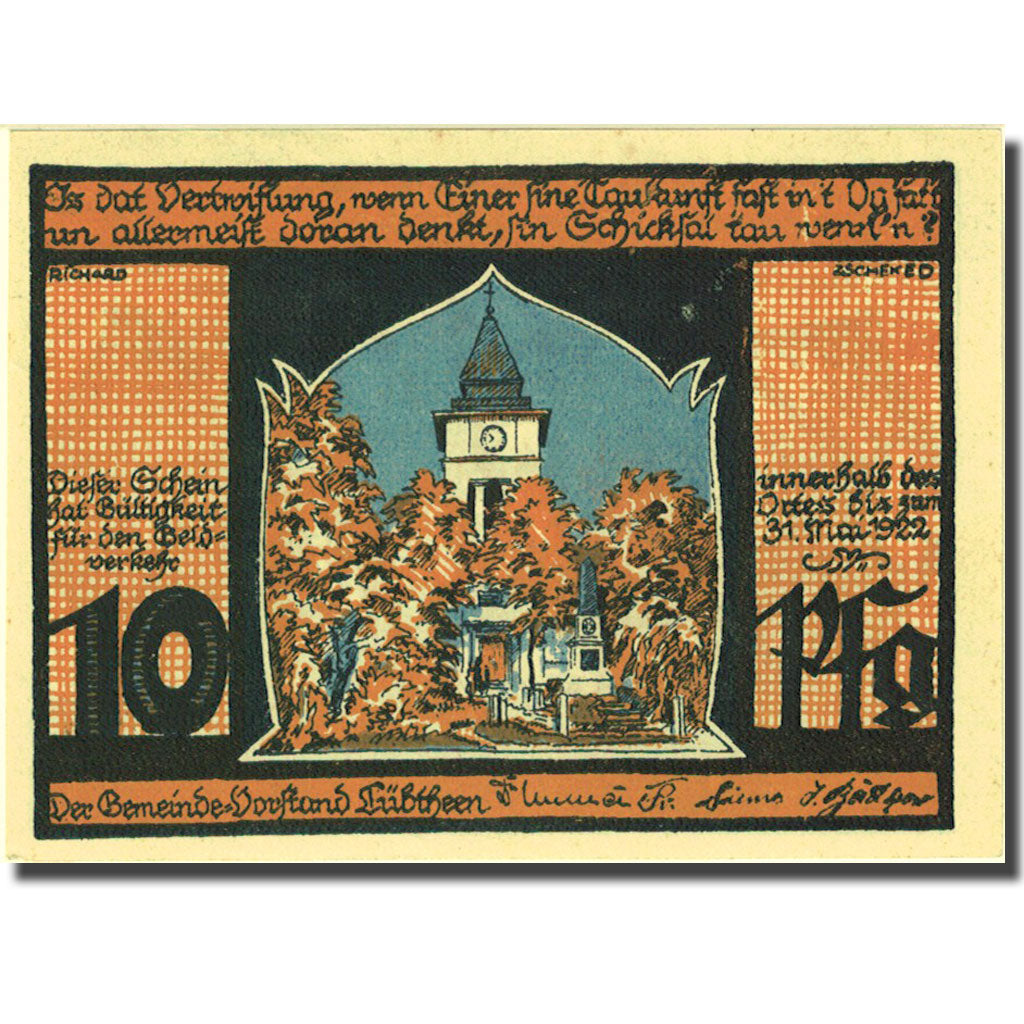 Geldschein, Deutschland, Lübtheen, 10 Pfennig, Eglise 1922-05-31 UNZ- Mehl 834.1