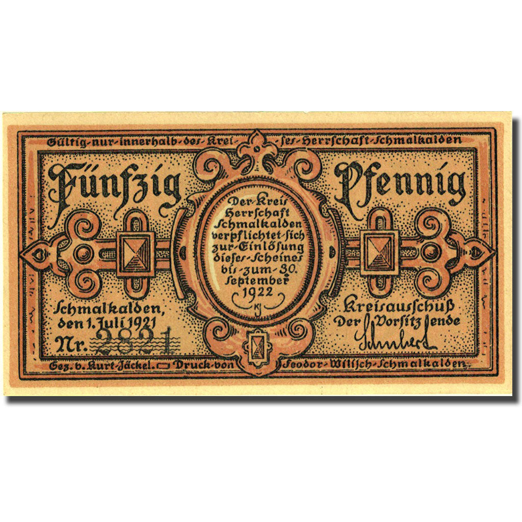 Banconote, Germania, Schmalkaden, 50 Pfennig, personnage 1922 SPL Mehl 1184.3