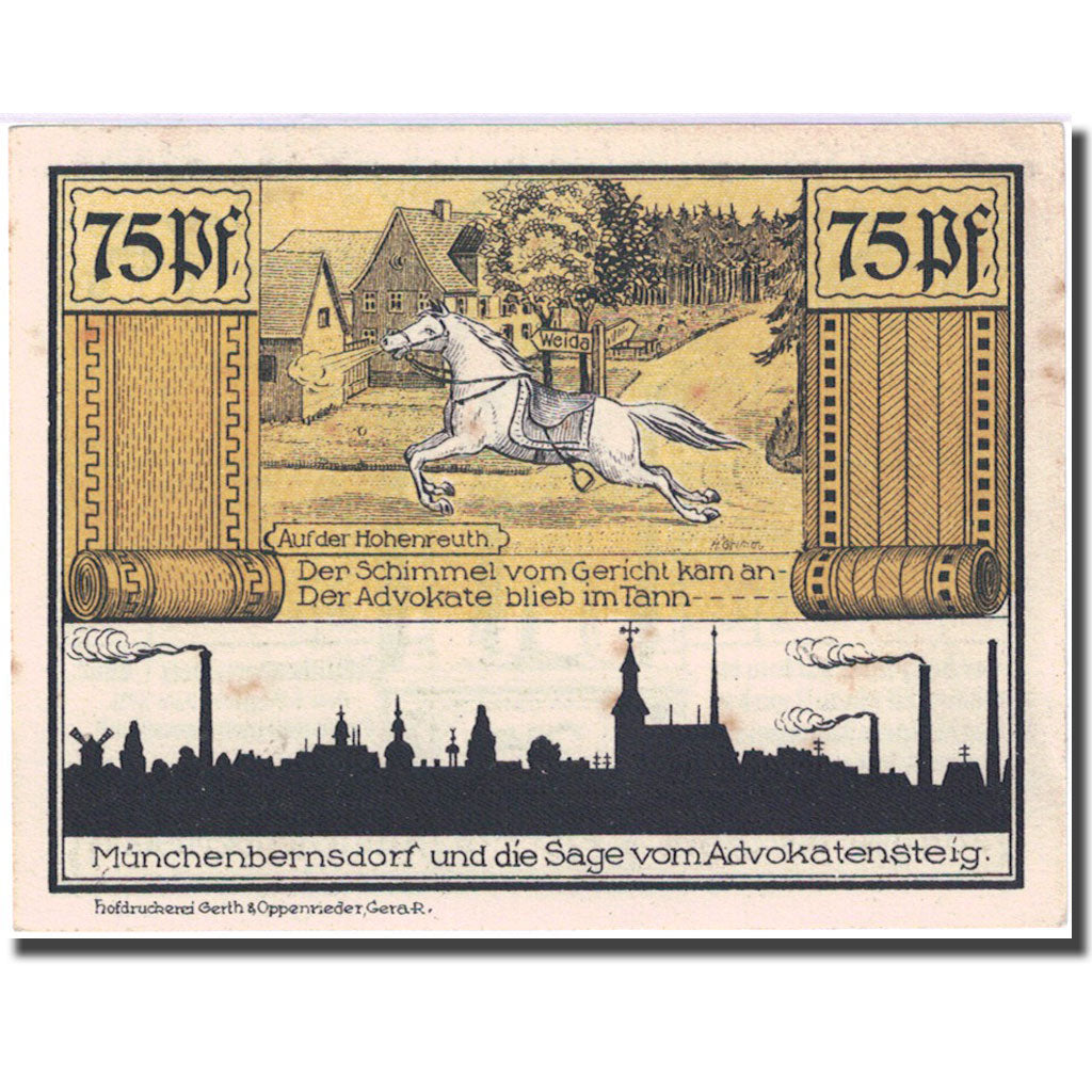 Banknote, Germany, Münchenbernsdorf 75 Pfennig, cheval 1921 AU(55-58) Mehl 911.3
