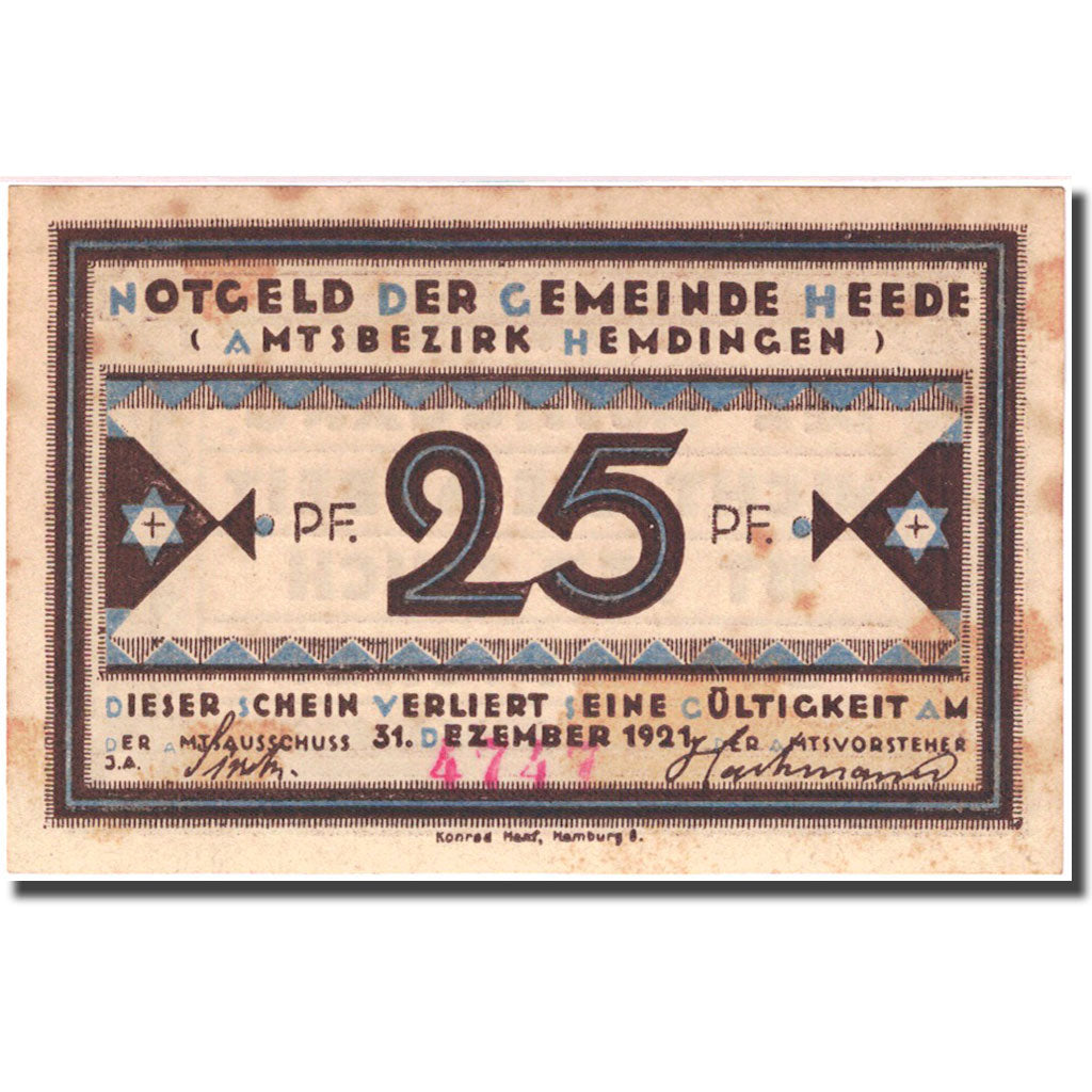 Nota, Alemanha, Heede 25 Pfennig valeur faciale 1921-12-31 AU(55-58) Mehl 586.1a