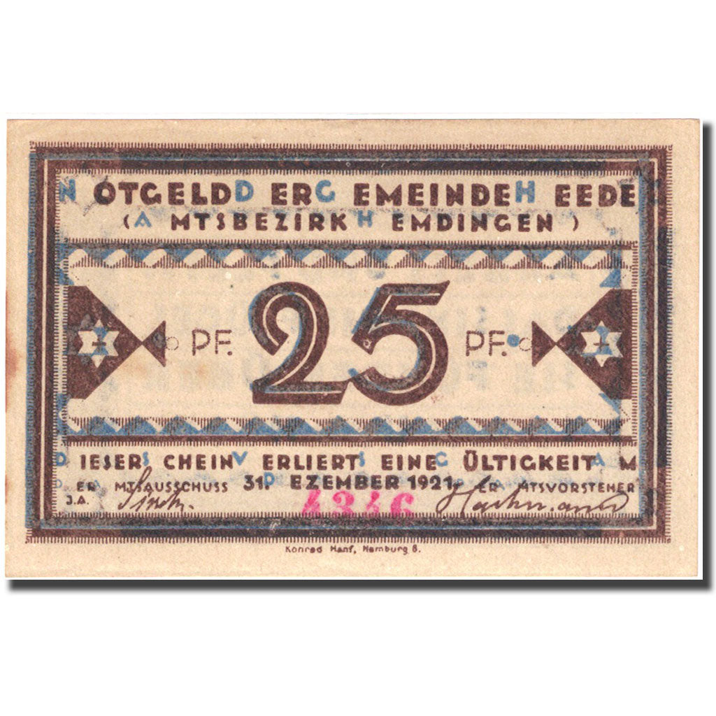 Billete, Alemania, Heede, 25 Pfennig, valeur faciale 1, 1921 SC Mehl 586.1a