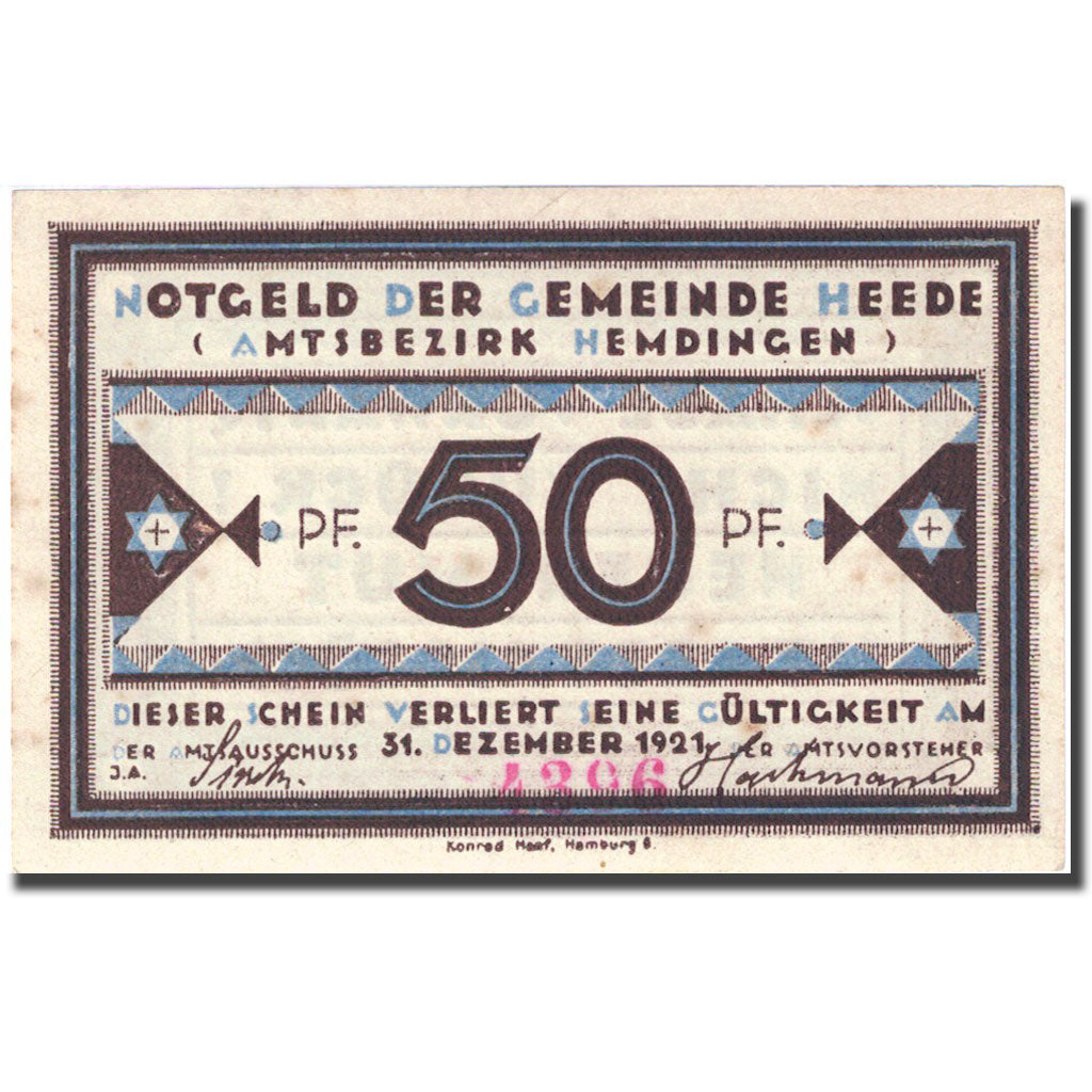 Banknote, Germany, Heede, 50 Pfennig, valeur faciale 2, 1921 UNC(63) Mehl 586.1a