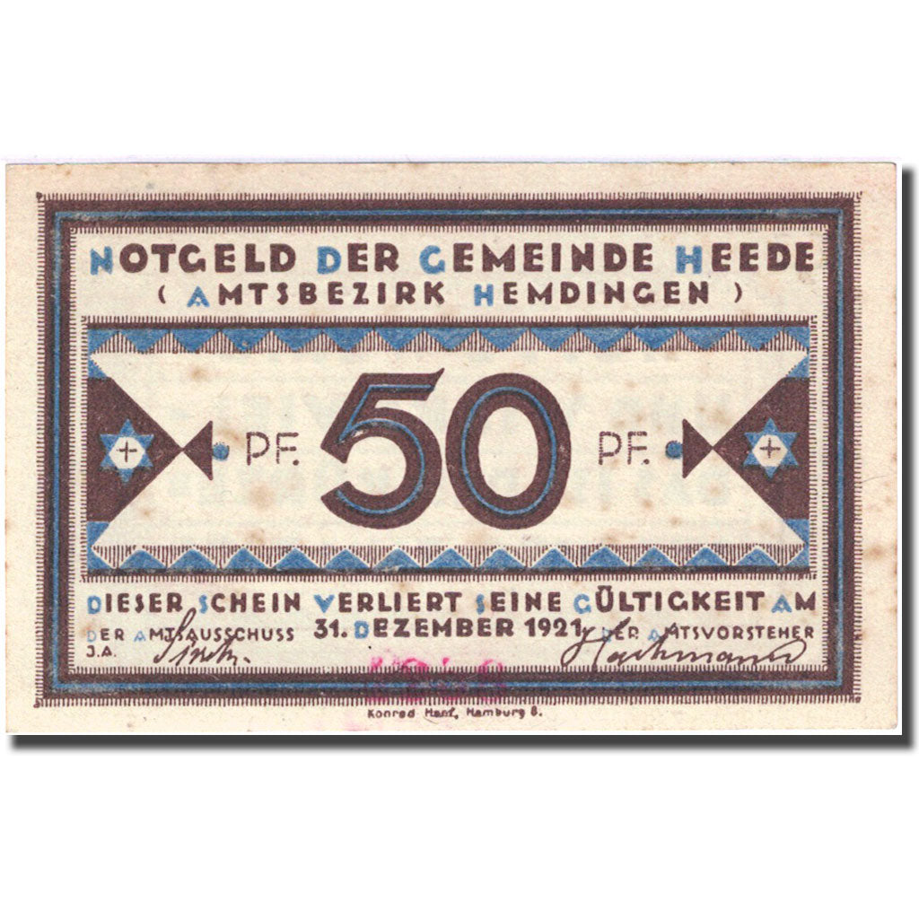 Billete, Alemania, Heede, 50 Pfennig, Valeur faciale 3, 1921 EBC Mehl 586.1a