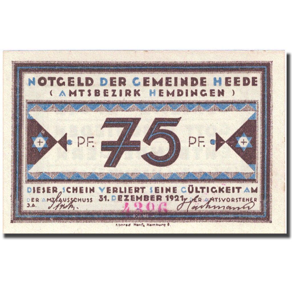Banknote, Germany, Heede, 75 Pfennig, valeur faciale 5, 1921 UNC(63) Mehl 586.1a
