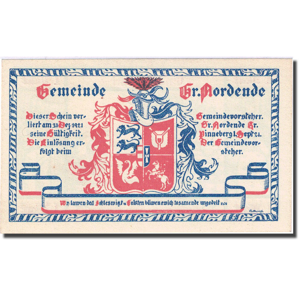 Geldschein, Deutschland, Gross Nordende, 1 Mark Animaux 1921 UNZ- Mehl 484.1a