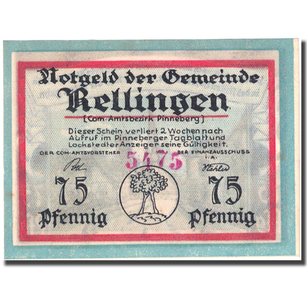 Banconote, Germania, Rellingen, 75 Pfennig, village, 1921, SPL, Mehl:1113.1