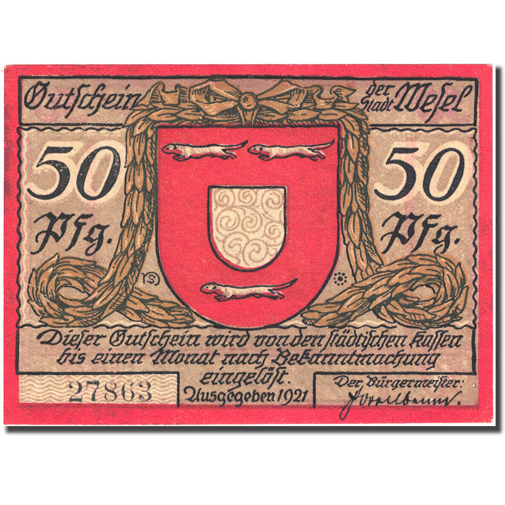 Banknote, Germany, Wesel, 50 Pfennig, château, 1921, UNC(63), Mehl:1409.1a