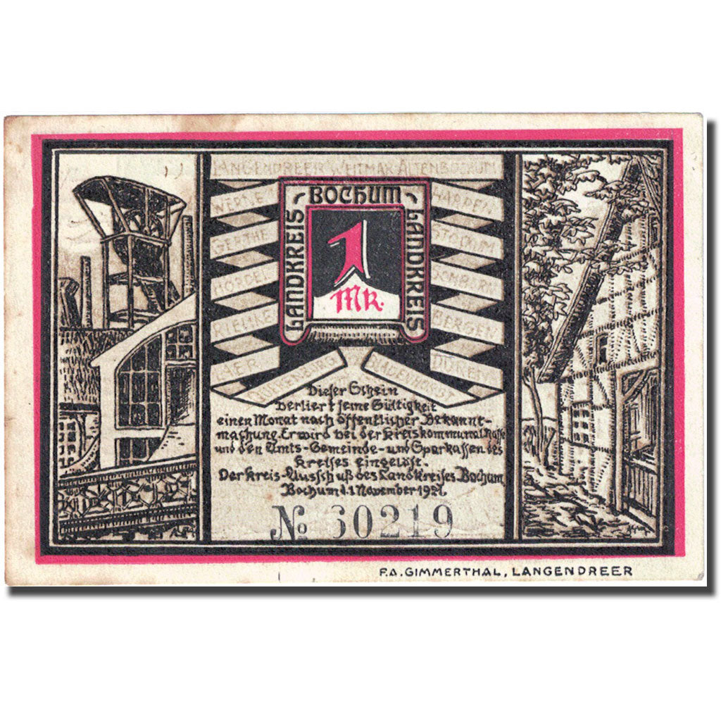 Banknote, Germany, Bochum, 1 Mark, mineurs 6, 1921-11-01, AU(50-53) Mehl 127.1a