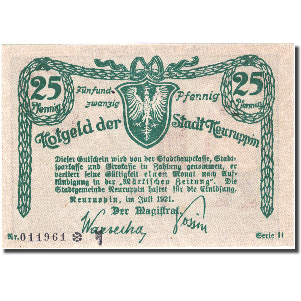 Banknote, Germany, Neuruppin, 25 Pfennig, personnage, 1921, UNC(63), Mehl:959.2