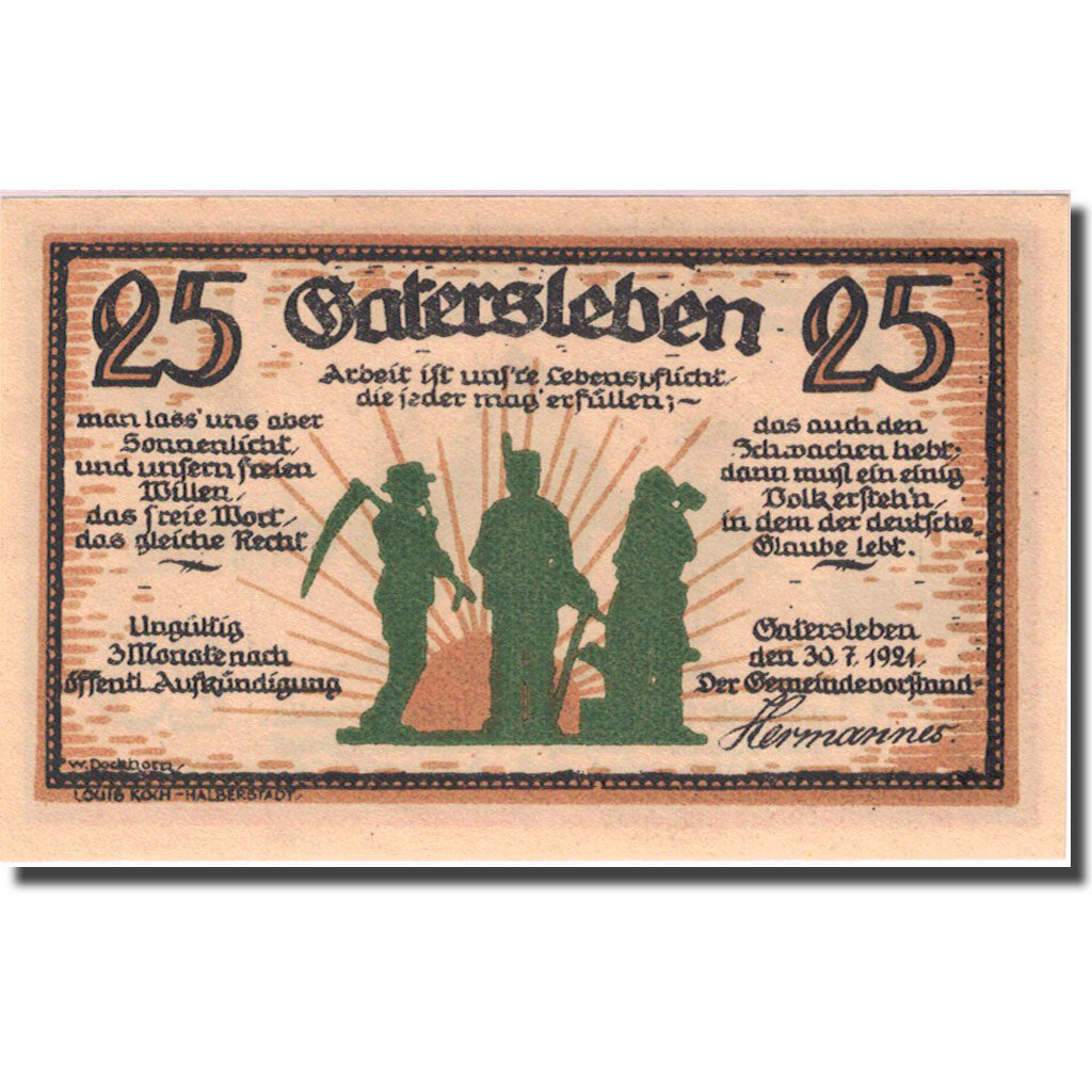 Banknote, Germany, Gatersleben, 25 Pfennig, personnage, 1921 UNC(63) Mehl 409.1