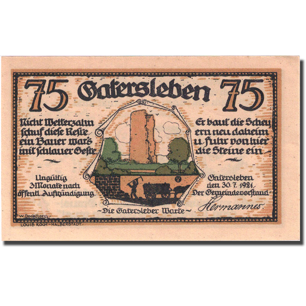 Banknote, Germany, Gatersleben, 75 Pfennig personnage 5, 1921 UNC(63) Mehl 409.1