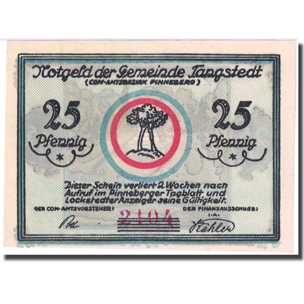 Banknote, Germany, Tangstedt, 25 Pfennig, Monument, 1921, UNC(63), Mehl:1309.1a