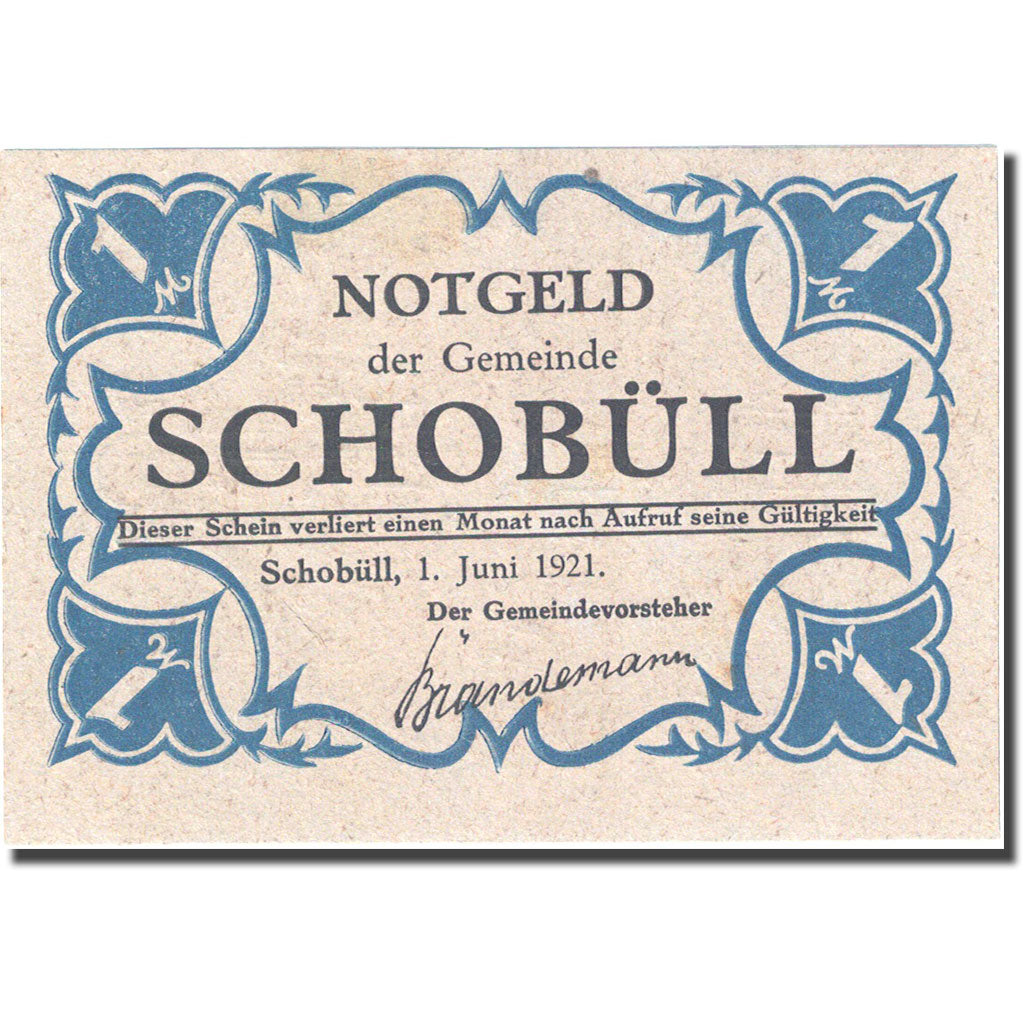 Banknote, Germany, Schobüll, 1 Mark, pêcheur, 1921 UNC(63) Mehl 1194.8