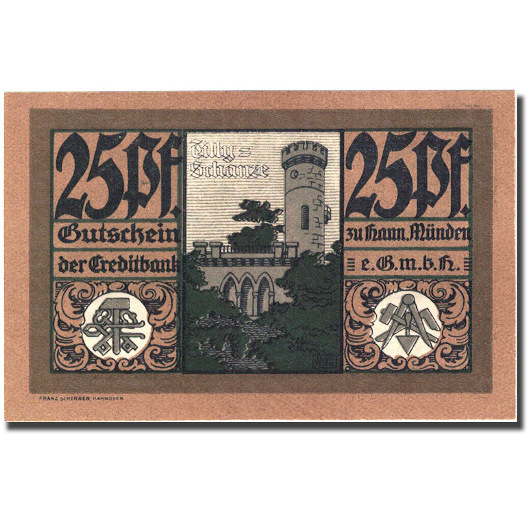 Banconote, Germania, Hann-Münden, 25 Pfennig, Blason, 1922, SPL, Mehl:578.1