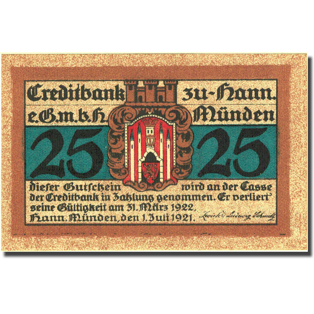 Banconote, Germania, Hann-Münden, 25 Pfennig, Blason, 1922, SPL, Mehl:578.1