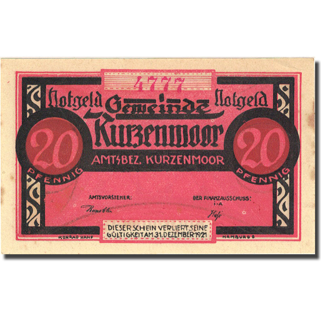 Banknote, Germany, Kurzenmoor, 20 Pfennig, boxeur, 1921 AU(55-58) Mehl 751.1a