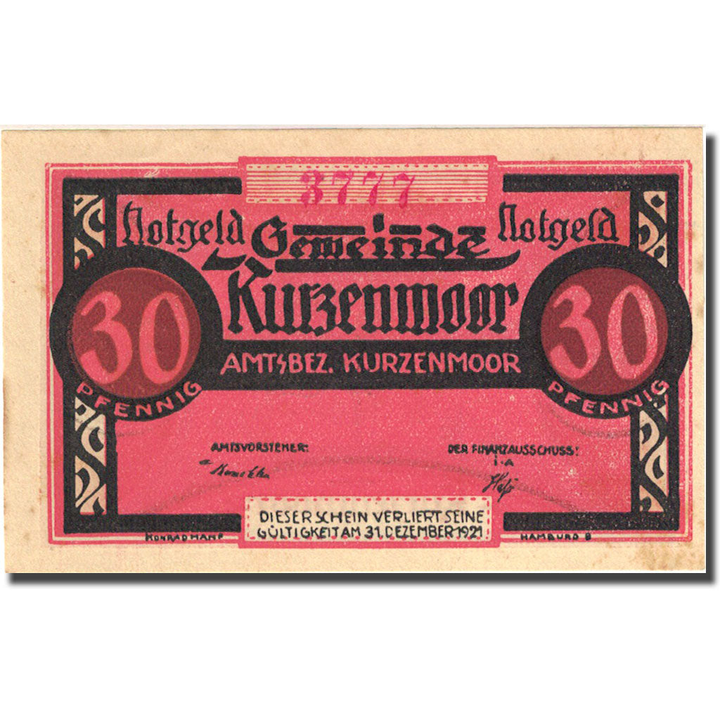 Banknote, Germany, Kurzenmoor, 30 Pfennig, cavalier, 1921 UNC(63) Mehl 751.1a