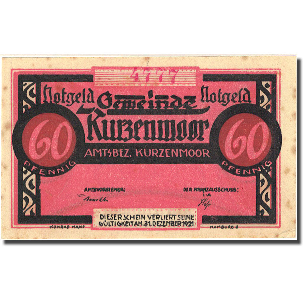 Banknote, Germany, Kurzenmoor, 60 Pfennig, lutteur, 1921 AU(55-58) Mehl 751.1a
