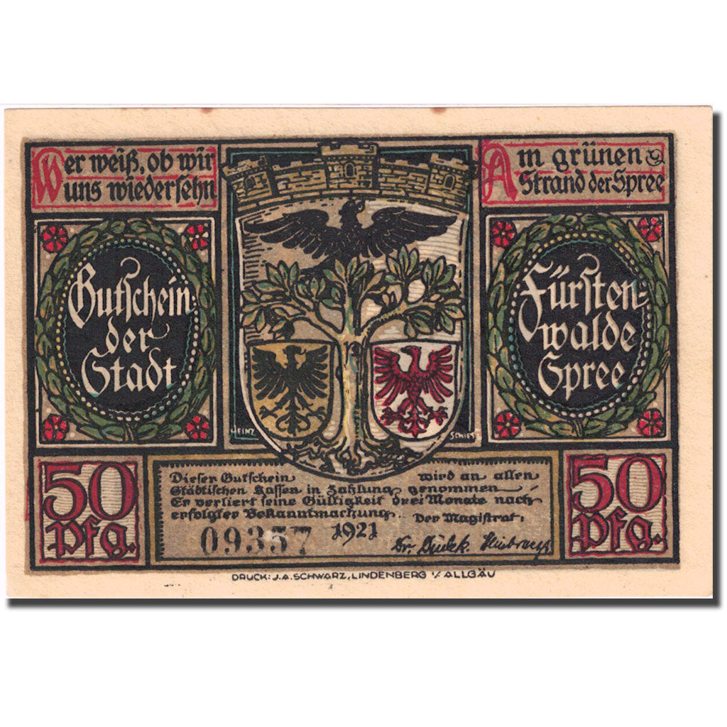 Banknote, Germany, Fürstenwalde, 50 Pfennig, personnage 1921 UNC(63) Mehl 403.1a
