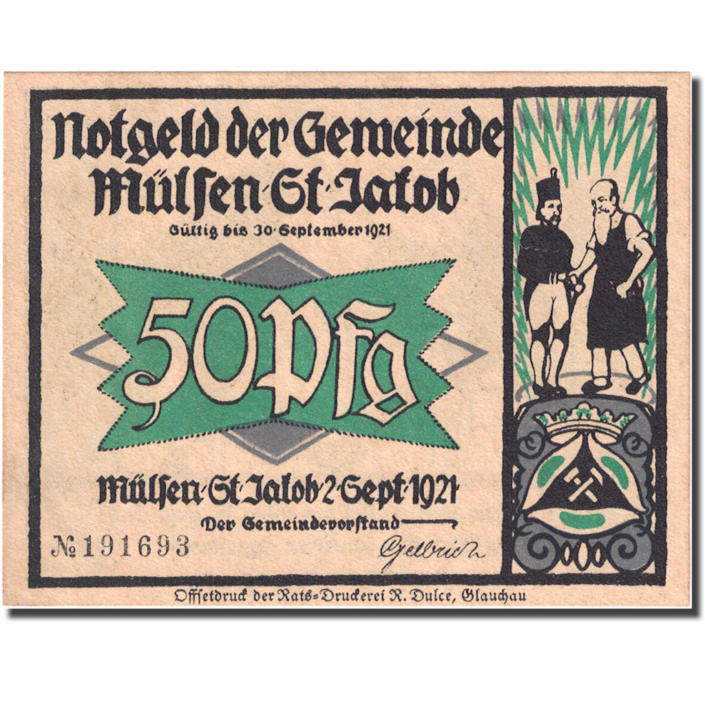 Banknote, Germany, Mülsen St Jacob, 50 Pfennig, personnage 1 UNC(63) Mehl 906.1