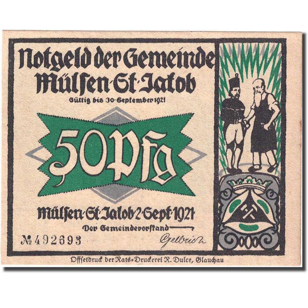 Nota, Alemanha, Mülsen St Jacob 50 Pfennig personnage 2, 1921 UNC(63) Mehl 906.1