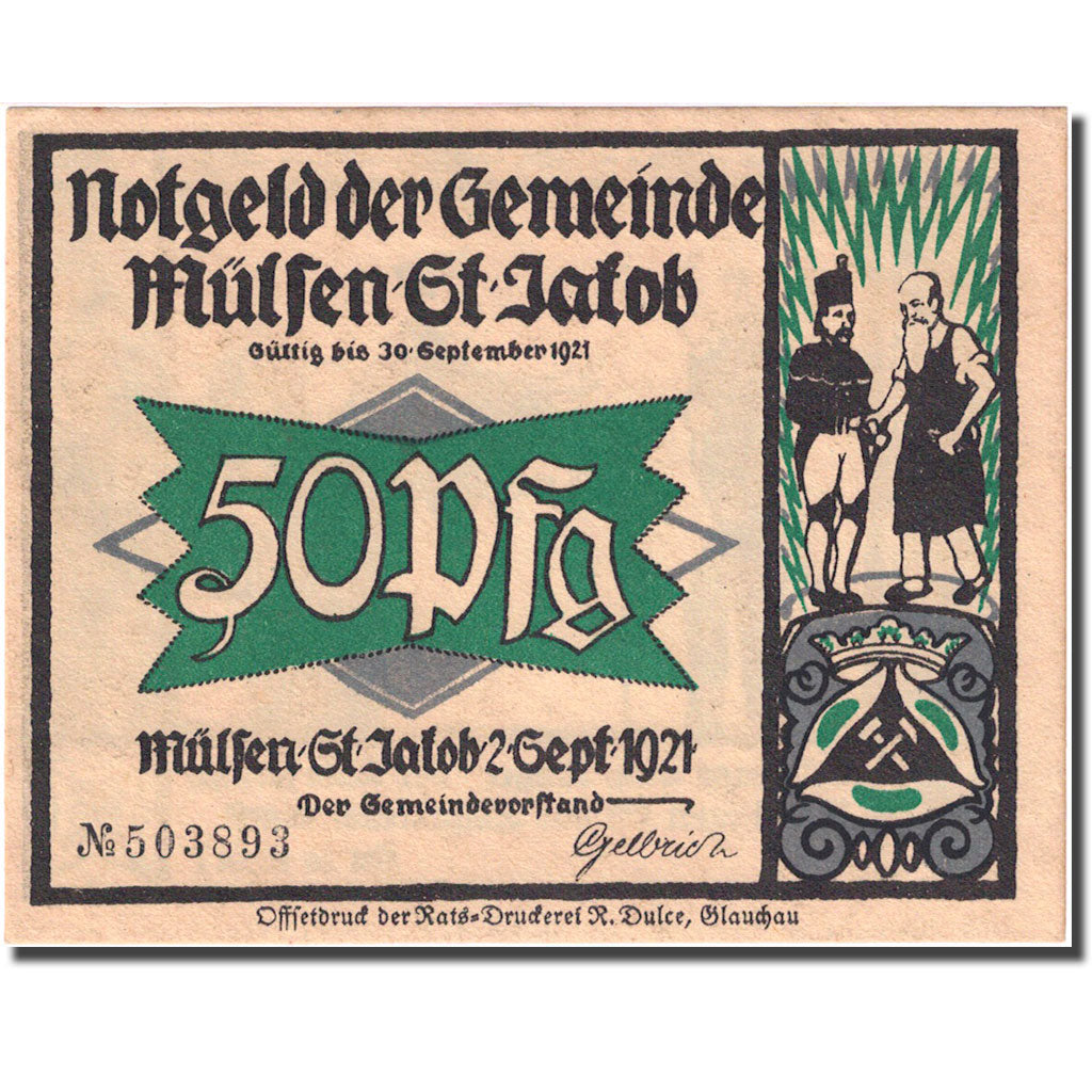 Geldschein, Deutschland, Mülsen St Jacob, 50 Pfennig 1921 UNZ- Mehl 906.1
