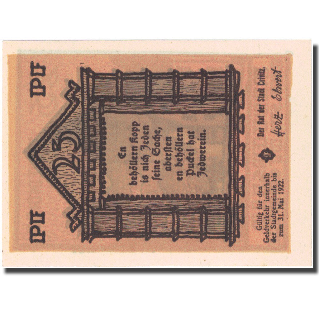 Banknote, Germany, Crivitz, 25 Pfennig, Eglise, 1922 UNC(63) Mehl 247.2
