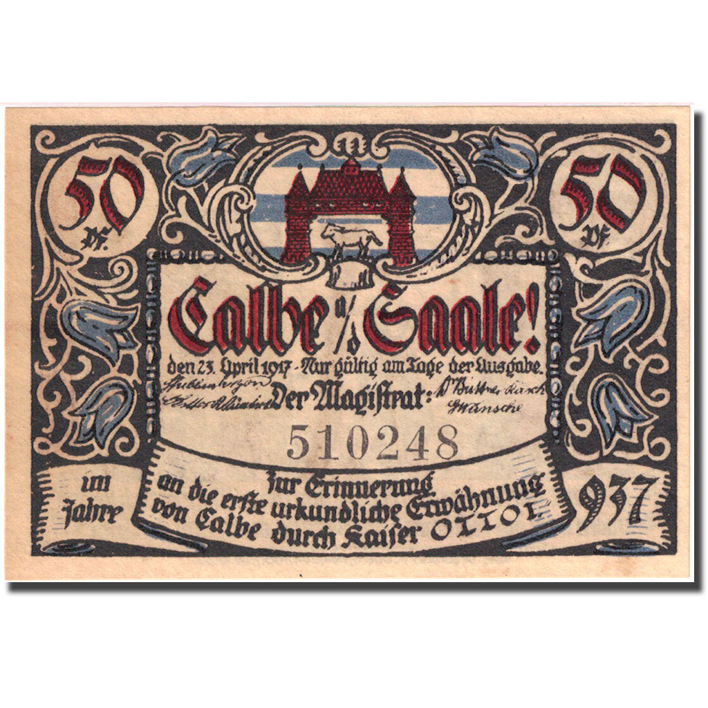 Banknote, Germany, Calbe, 50 Pfennig, personnage, 1917 UNC(63) Mehl 213.4