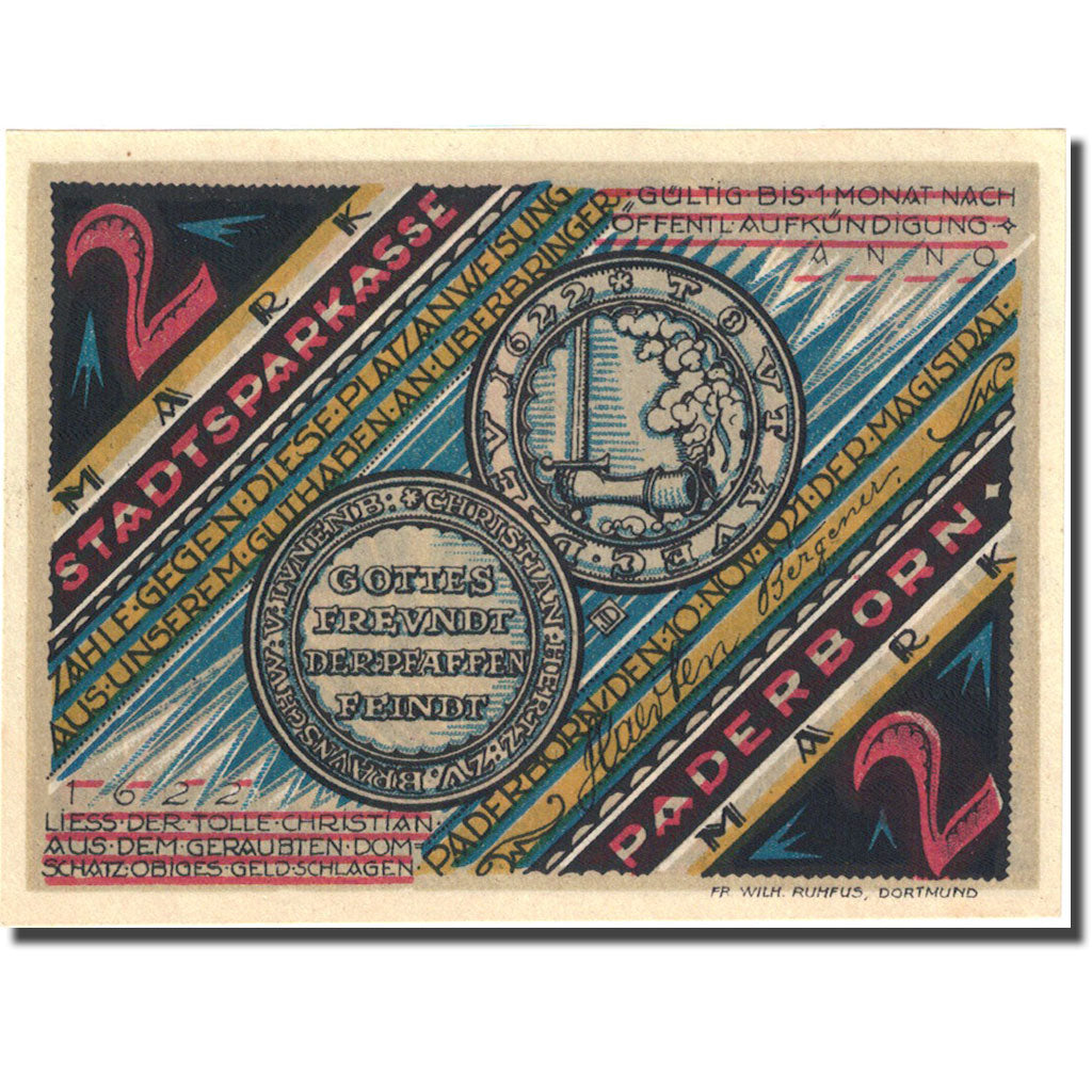 Banknote, Germany, Paderborn, 2 Mark, personnage, 1921 UNC(63) Mehl 1043.3