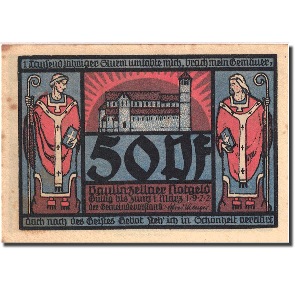 Banknote, Germany, Paulinzella, 50 Pfennig, Abbaye, 1922 AU(55-58) Mehl 1053.1c