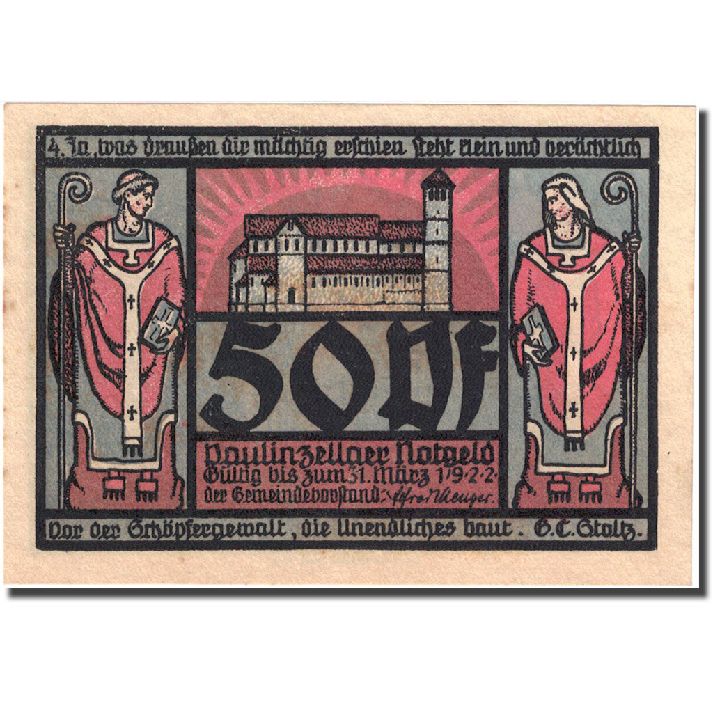 Geldschein, Deutschland, Paulinzella, 50 Pfennig, Eglise, 1922 VZ+ Mehl 1053.1c