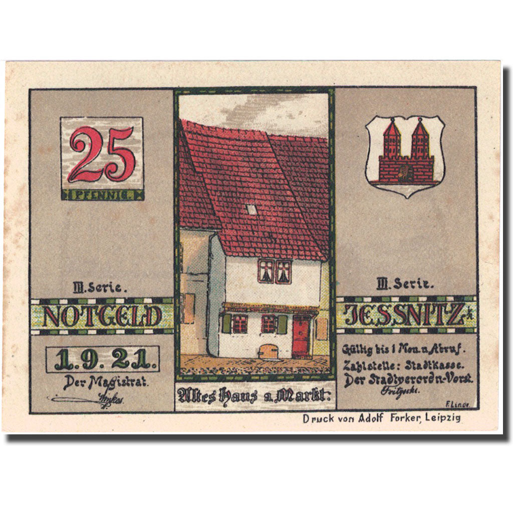 Banknote, Germany, Jessnitz, 25 Pfennig, Usine, 1921 UNC(60-62) Mehl 659.4