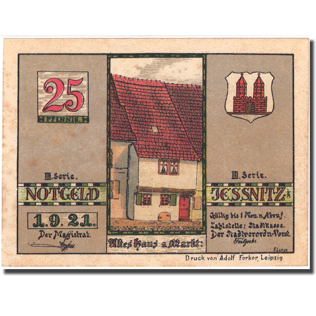 Banconote, Germania, Jessnitz, 25 Pfennig, personnage, 1921 SPL- Mehl 659.4