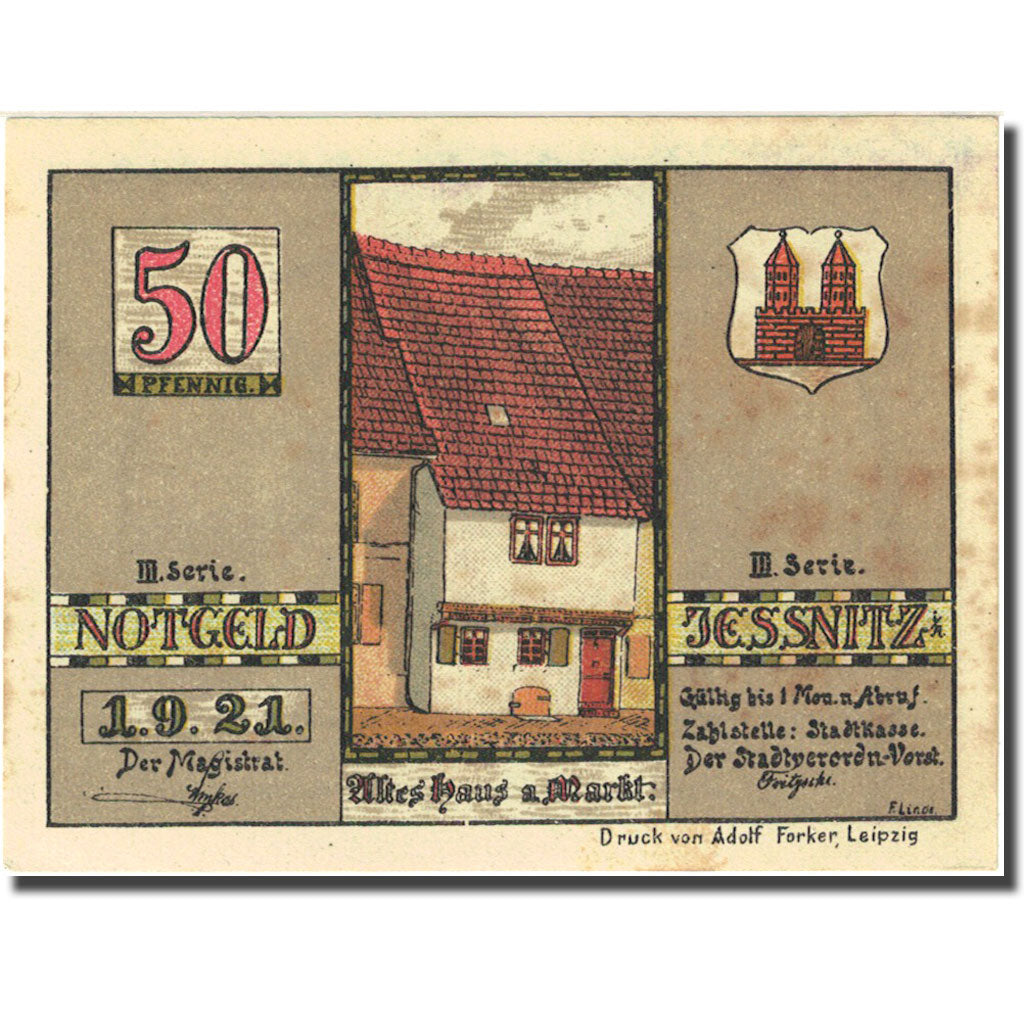 Banknote, Germany, Jessnitz, 50 Pfennig, mairie, 1921 AU(55-58) Mehl 659.4