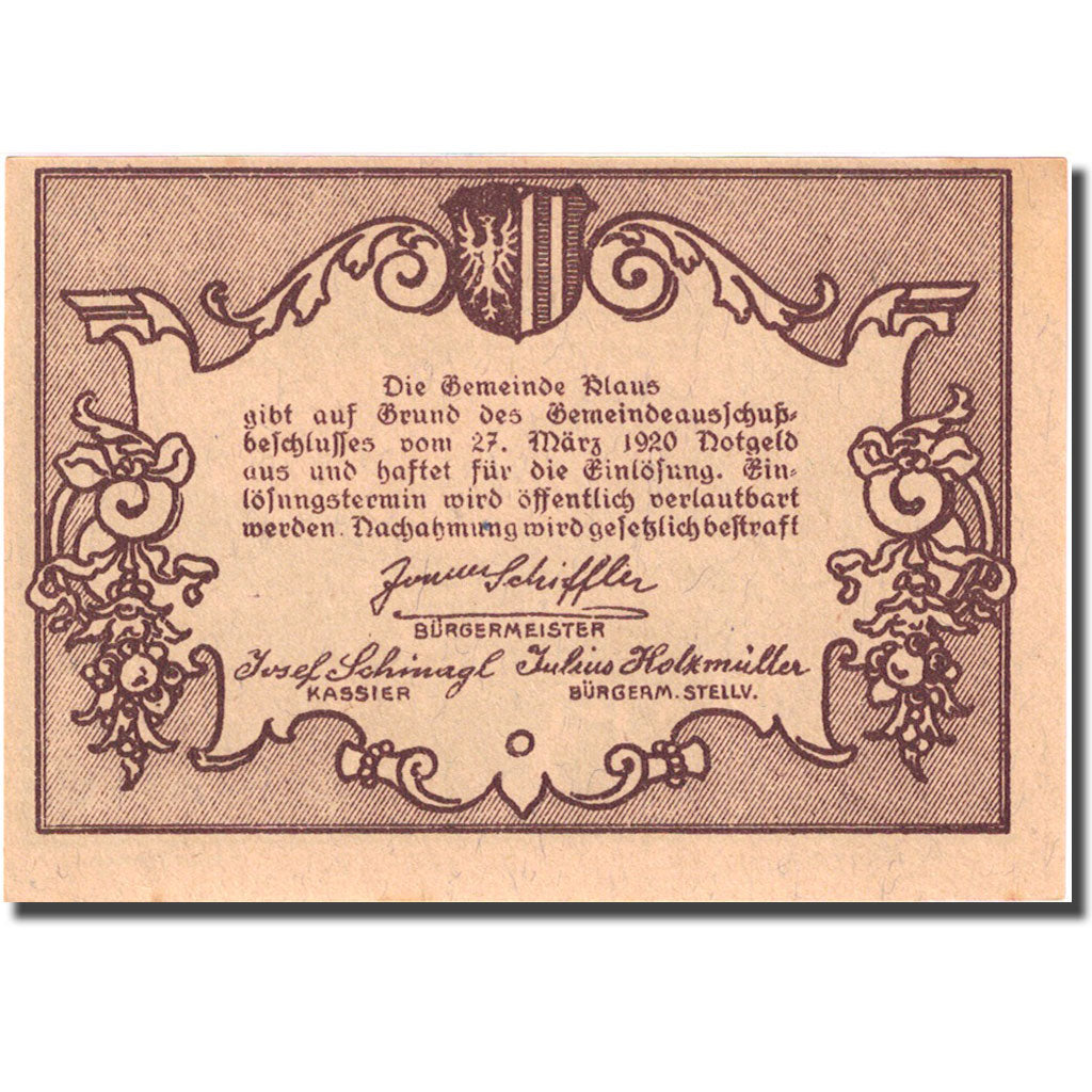 Banknote, Austria, Klaus, 50 Heller, paysage 1, 1920, 1920-03-27 green UNC(63)