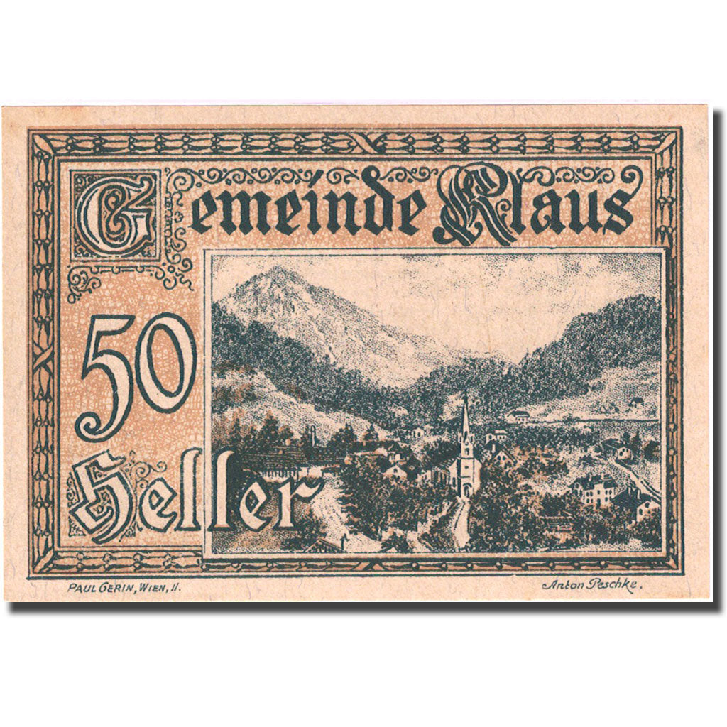 Banknote, Austria, Klaus, 50 Heller, paysage 2, 1920, 1920-03-27 yellow UNC(63)