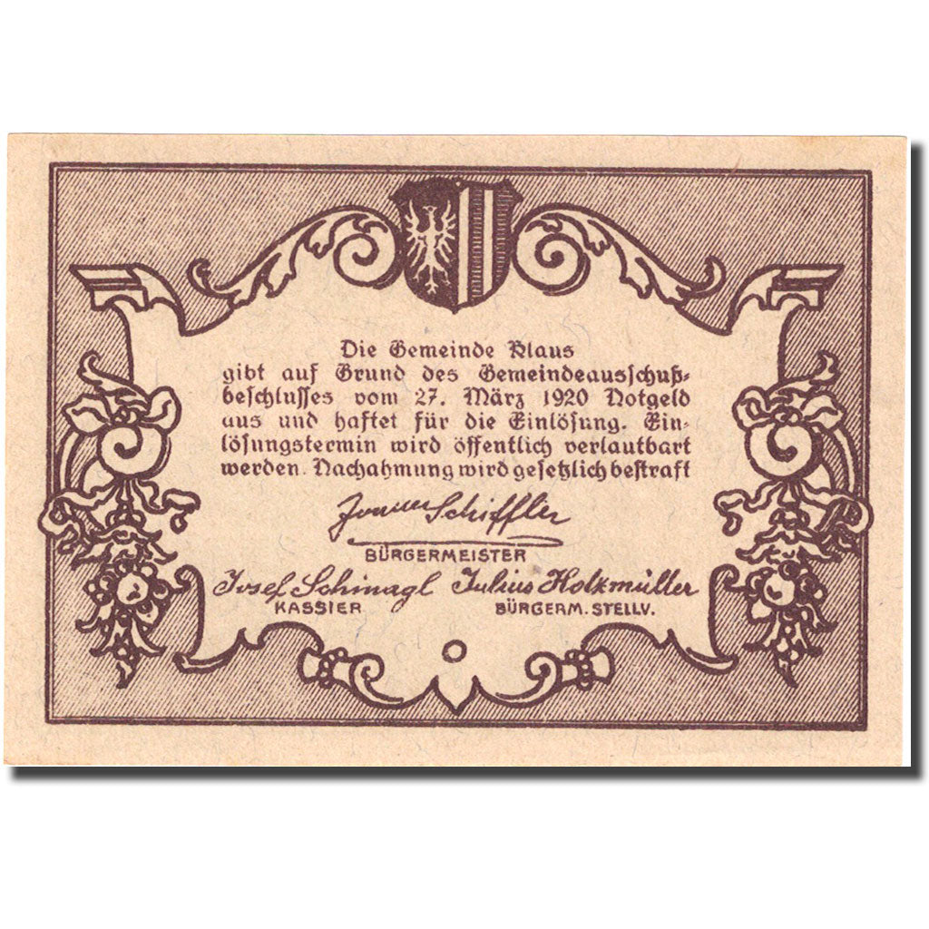 Banknote, Austria, Klaus, 50 Heller, paysage 2, 1920, 1920-03-27 yellow UNC(63)