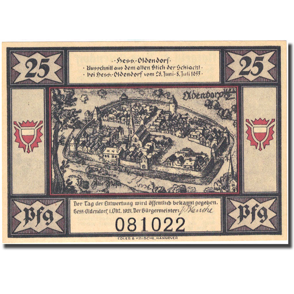 Banknote, Germany, Hessisch Oldendorf 25 Pfennig château 1921 UNC(63) Mehl 606.2