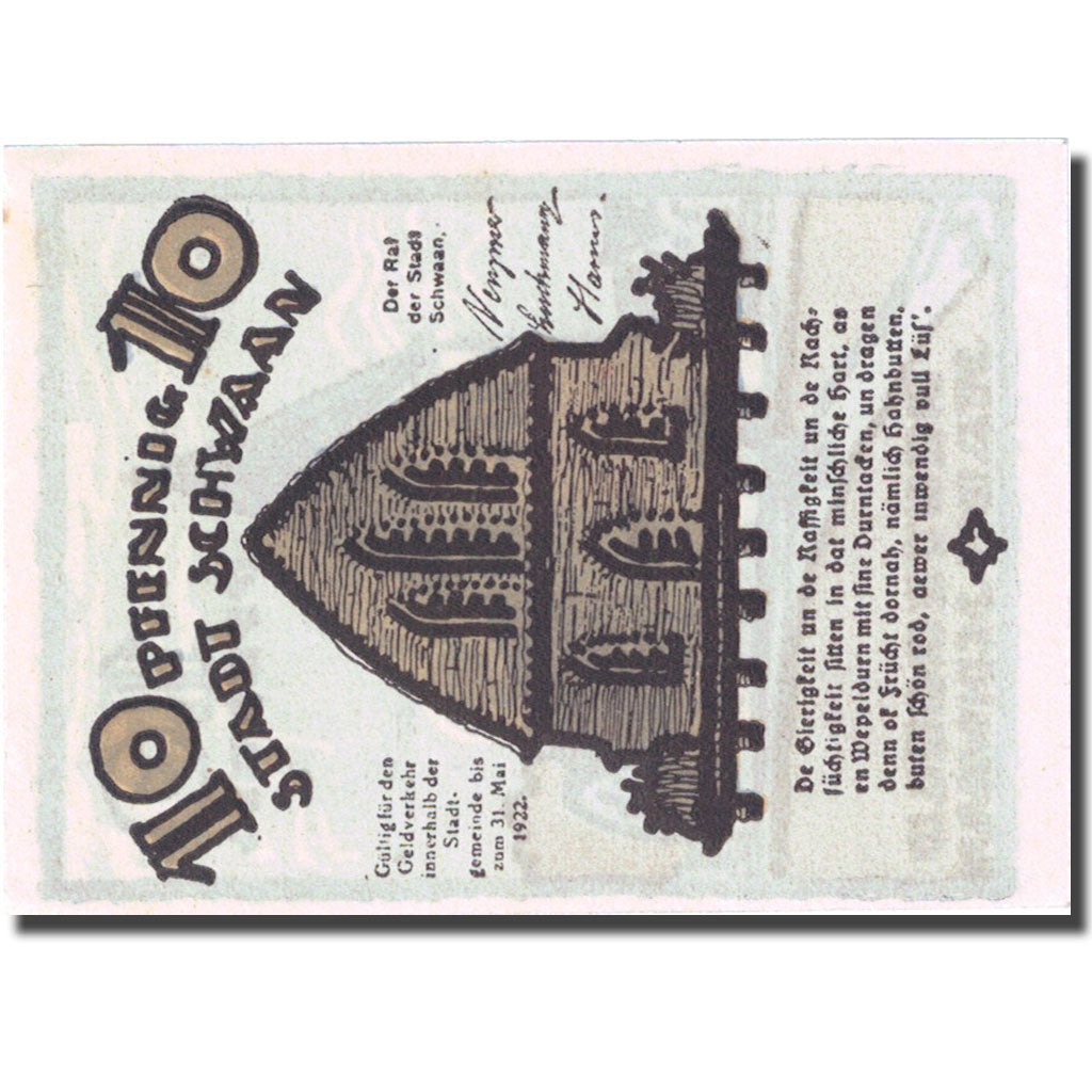 Banknote, Germany, Schwaan, 10 Pfennig, Eglise 1922-05-31 UNC(63) Mehl 1203.2