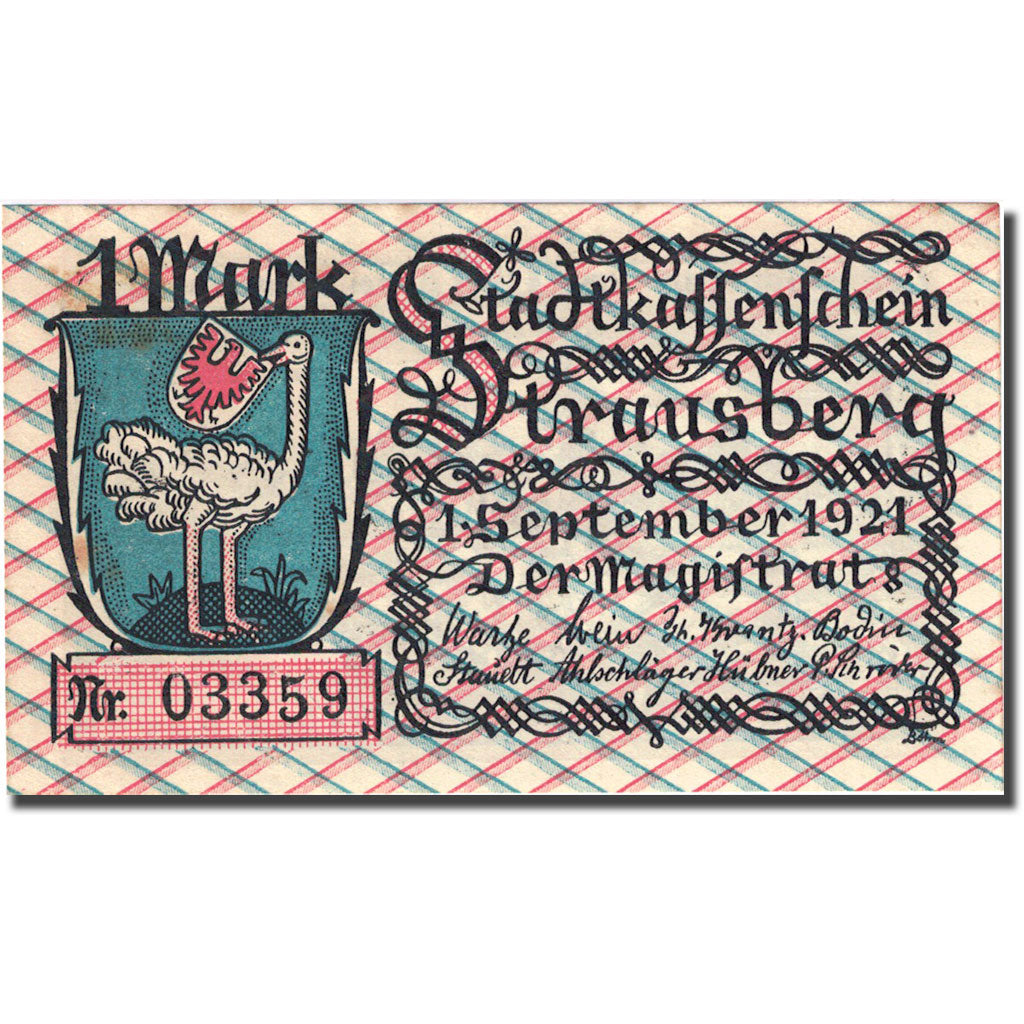 Banknote, Germany, Strausberg, 1 Mark, barque 1921-09-01 UNC(60-62) Mehl 1281.1