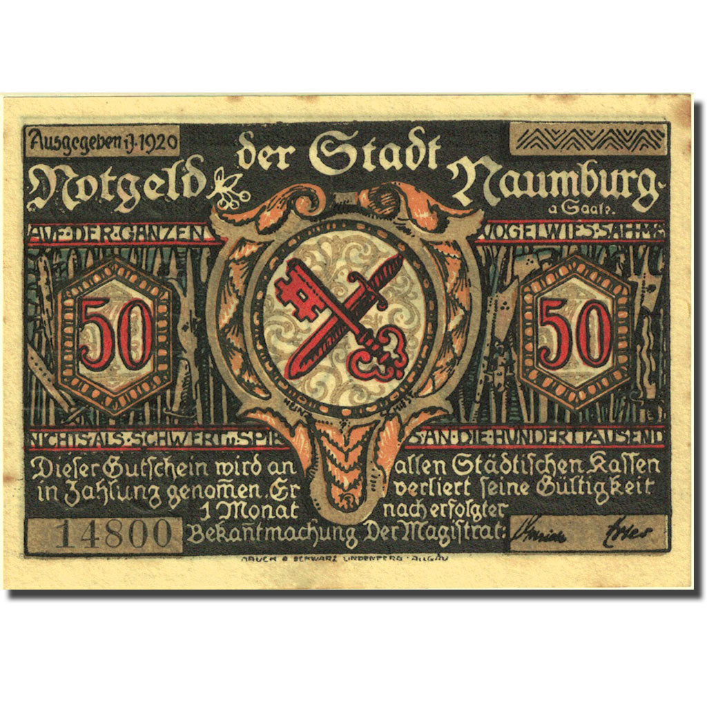Banconote, Germania, Naumburg, 50 Pfennig, personnage 2, 1920, SPL, Mehl:928.2a