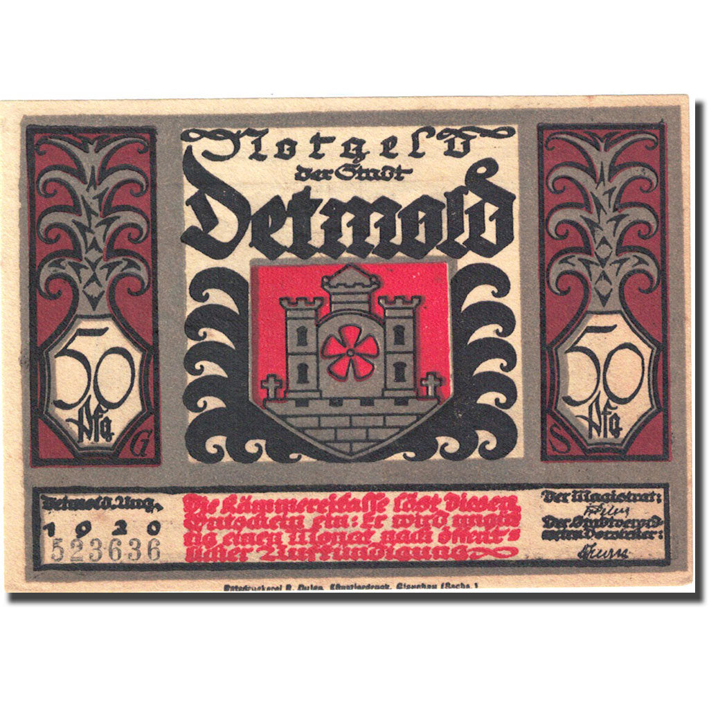 Banknote, Germany, Detmold, 50 Pfennig, personnage 2, 1920, UNC(63), Mehl:268.8