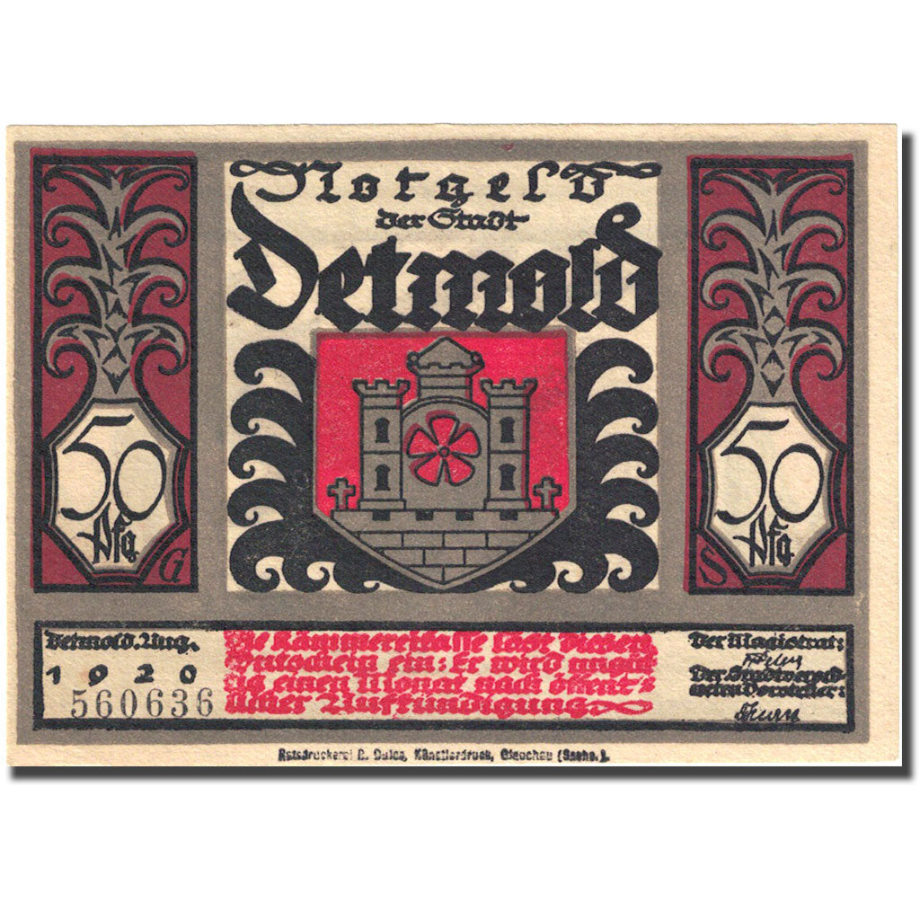 Banknote, Germany, Detmold, 50 Pfennig, personnage 4, 1920, UNC(63), Mehl:268.8