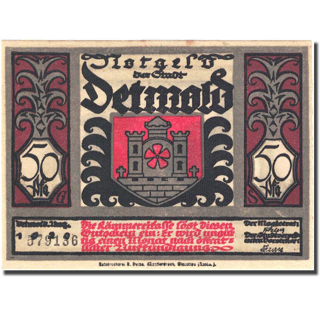 Banknote, Germany, Detmold, 50 Pfennig, personnage 5, 1920, UNC(63), Mehl:268.8