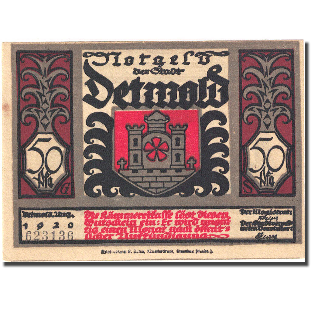 Banknote, Germany, Detmold, 50 Pfennig, personnage 7, 1920, UNC(63), Mehl:268.8