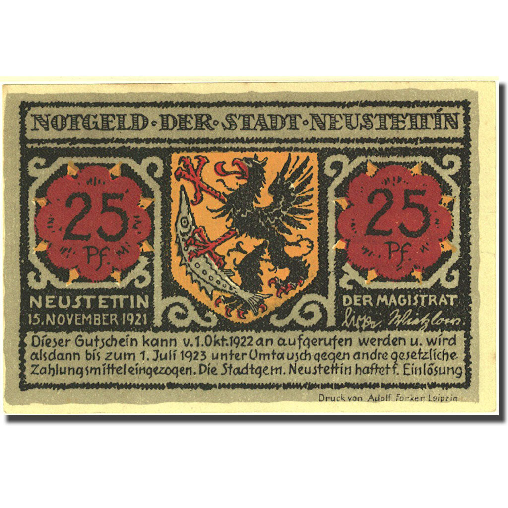 Banconote, Germania, Neustettin 25 Pfennig Monument 1921-11-15 SPL Mehl 968.1