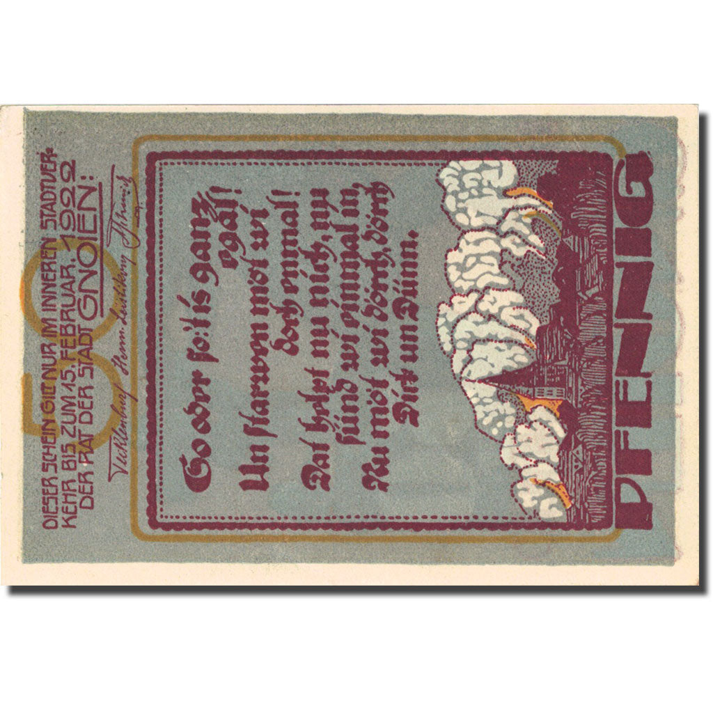 Banknote, Germany, Gnoien, 50 Pfennig, eglise 2, 1922-02-15 UNC(63) Mehl 444.1a