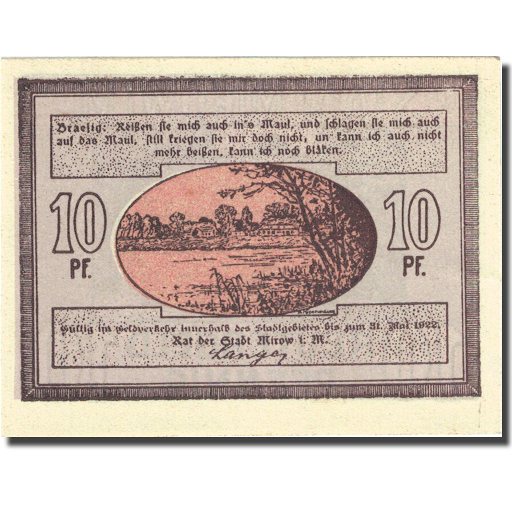 Banknote, Germany Mirow, 10 Pfennig, ferme, 1922, 1922-05-31, UNC(63) Mehl 889.1
